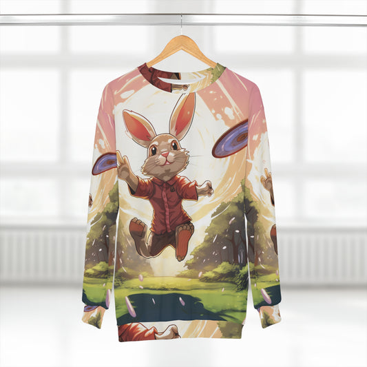 Disc Golf Rabbit: Bunny Aiming Frisbee for Basket Chain - Unisex Sweatshirt (AOP)
