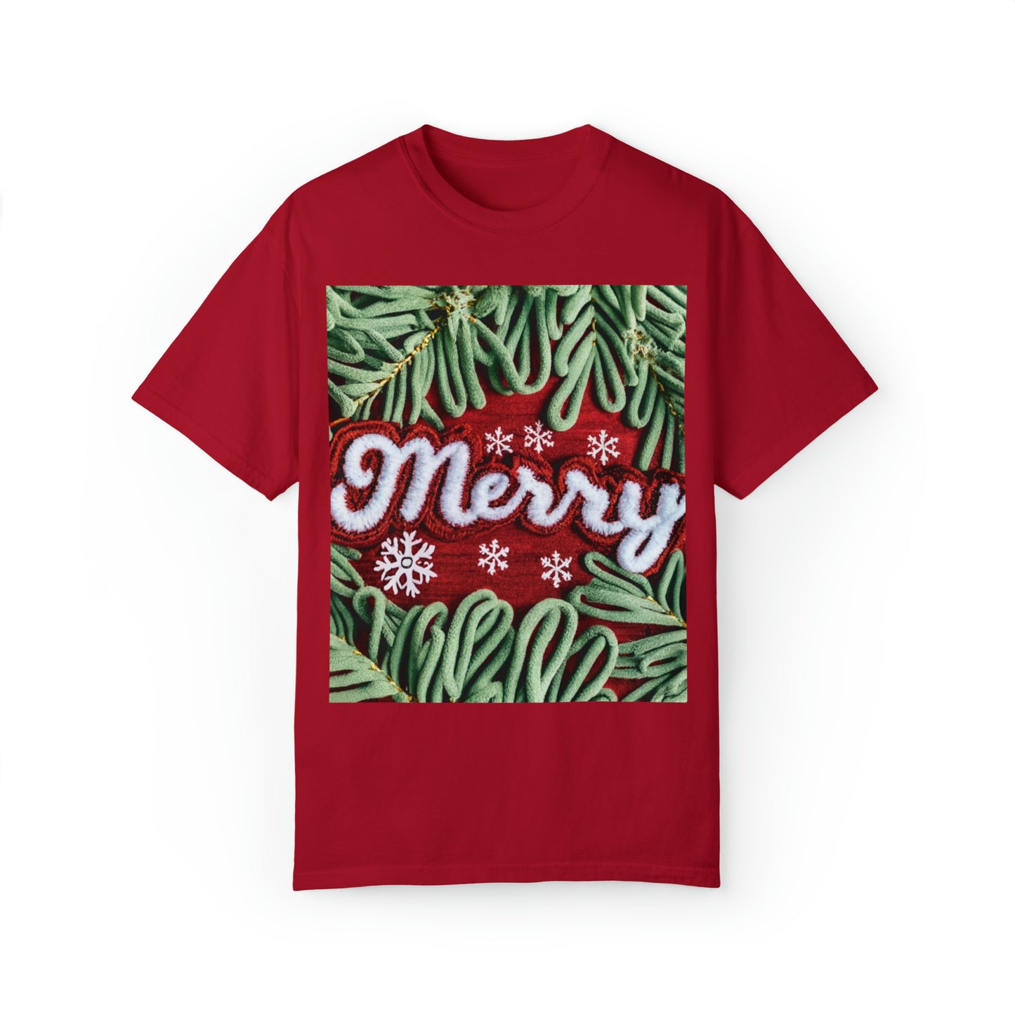 Chenille Patch Festive Design, Holiday Motif, Merry Christmas Theme, Trendy Winter Style - Unisex Garment-Dyed T-shirt