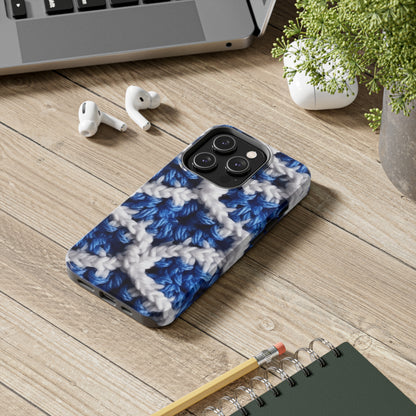 Blueberry Blue Crochet, White Accents, Classic Textured Pattern - Tough Phone Cases