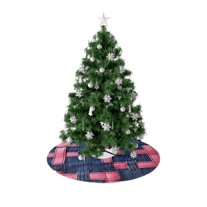 Candy-Striped Crossover: Pink Denim Ribbons Dancing on Blue Stage - Christmas Tree Skirts