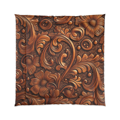 Leather Flower Cognac Classic Brown Timeless American Cowboy Design - Bed Comforter