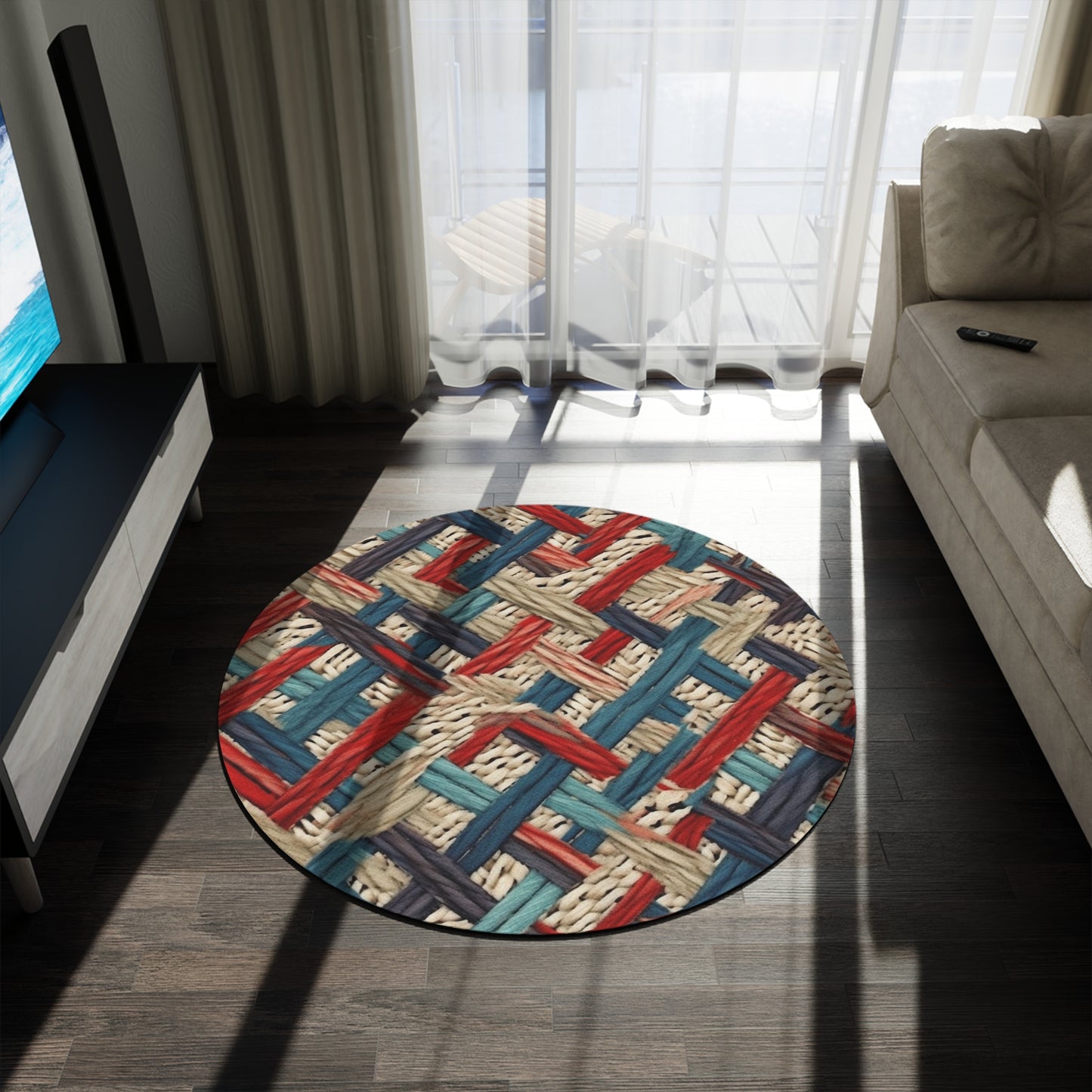 Colorful Yarn Knot: Denim-Inspired Fabric in Red, White, Light Blue - Round Rug