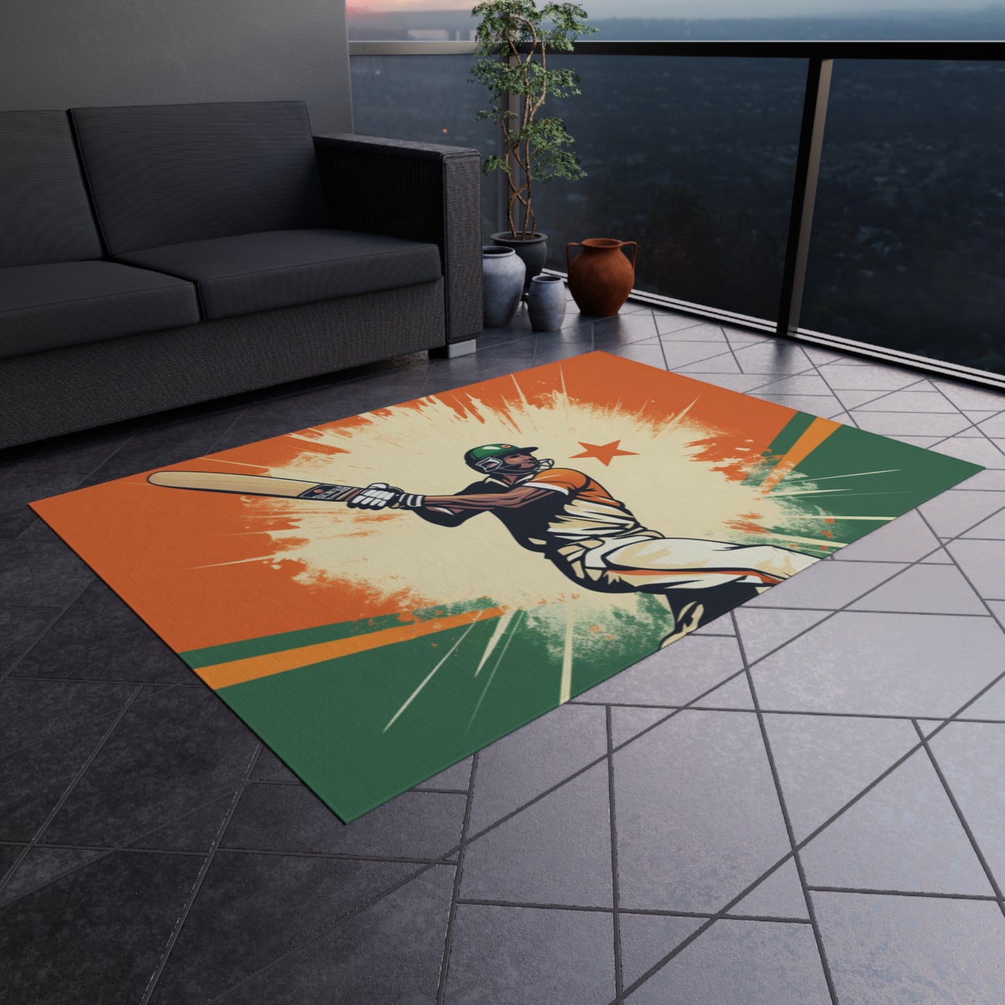 India Cricket Star: Batsman With Willow Bat, National Flag Style - Sport Game - Outdoor Rug