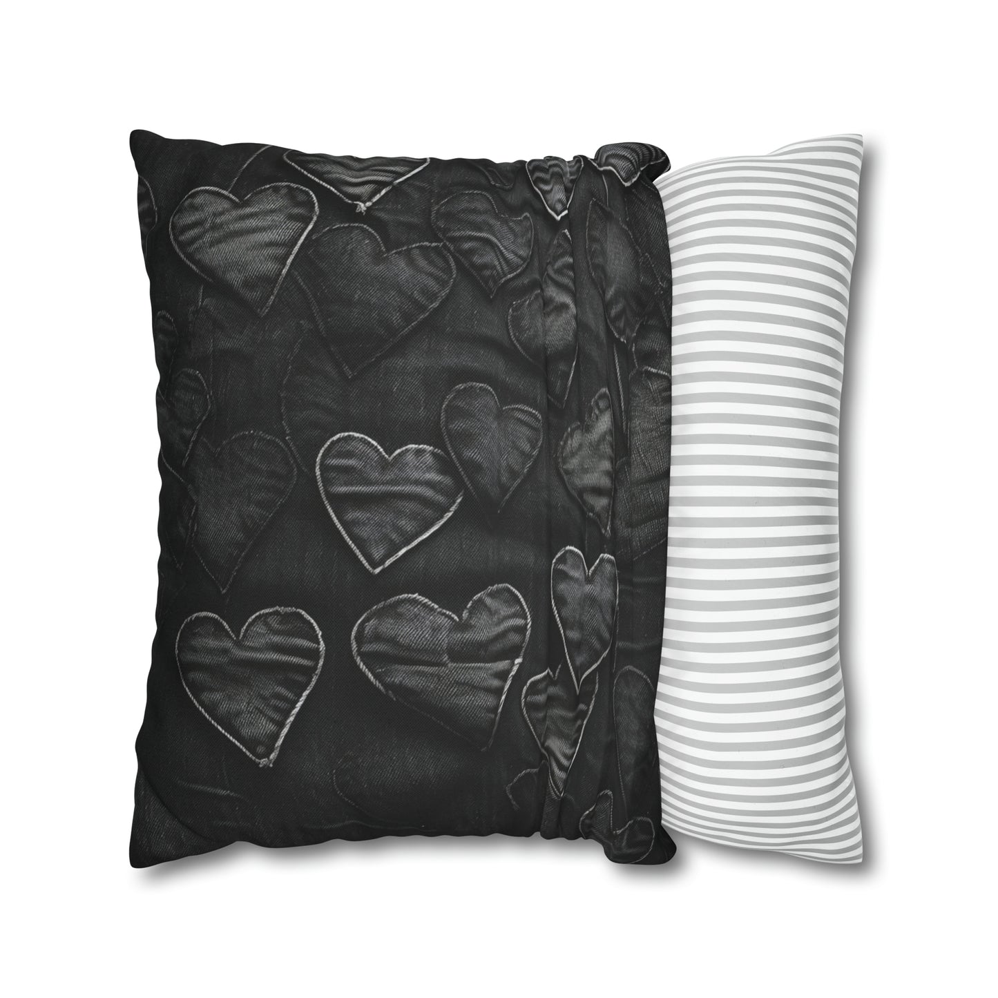 Negro azabache: diseño de bordado de corazón de tela inspirada en la mezclilla desgastada - Funda de almohada cuadrada de poliéster hilado 