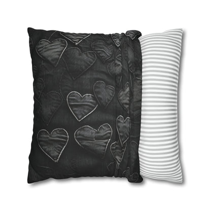 Negro azabache: diseño de bordado de corazón de tela inspirada en la mezclilla desgastada - Funda de almohada cuadrada de poliéster hilado 