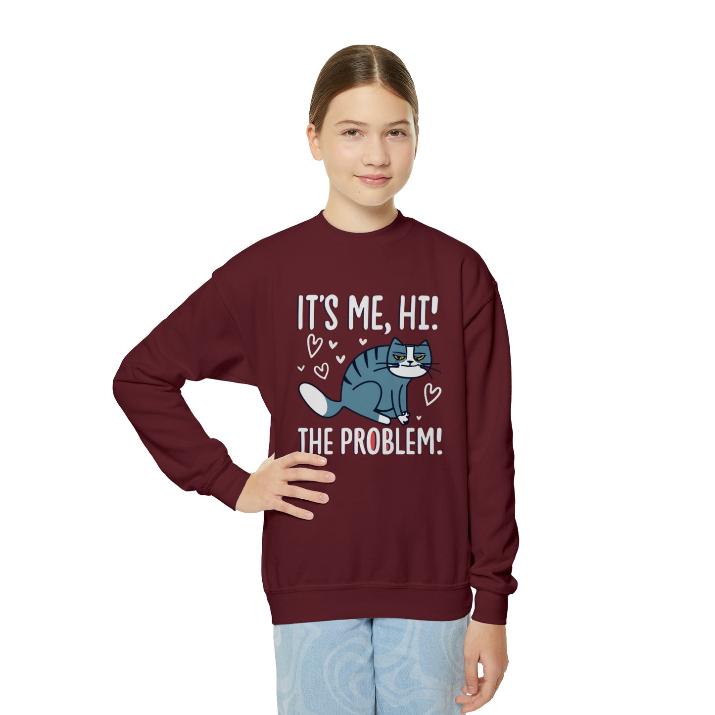 Cat Its Me Hi The Problem Kitten - Lindo gráfico de gatito de San Valentín - Sudadera con cuello redondo para jóvenes