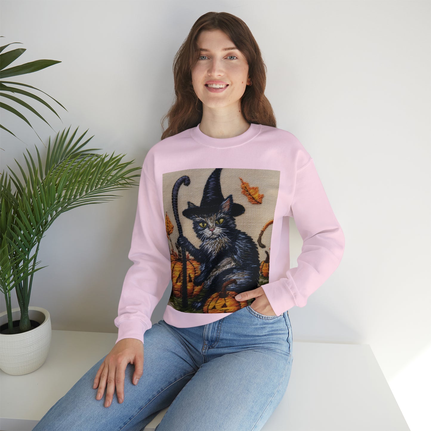 Halloween Cat Magic: Embroidered Style Feline with Pumpkins & Witch Hat - Unisex Heavy Blend™ Crewneck Sweatshirt