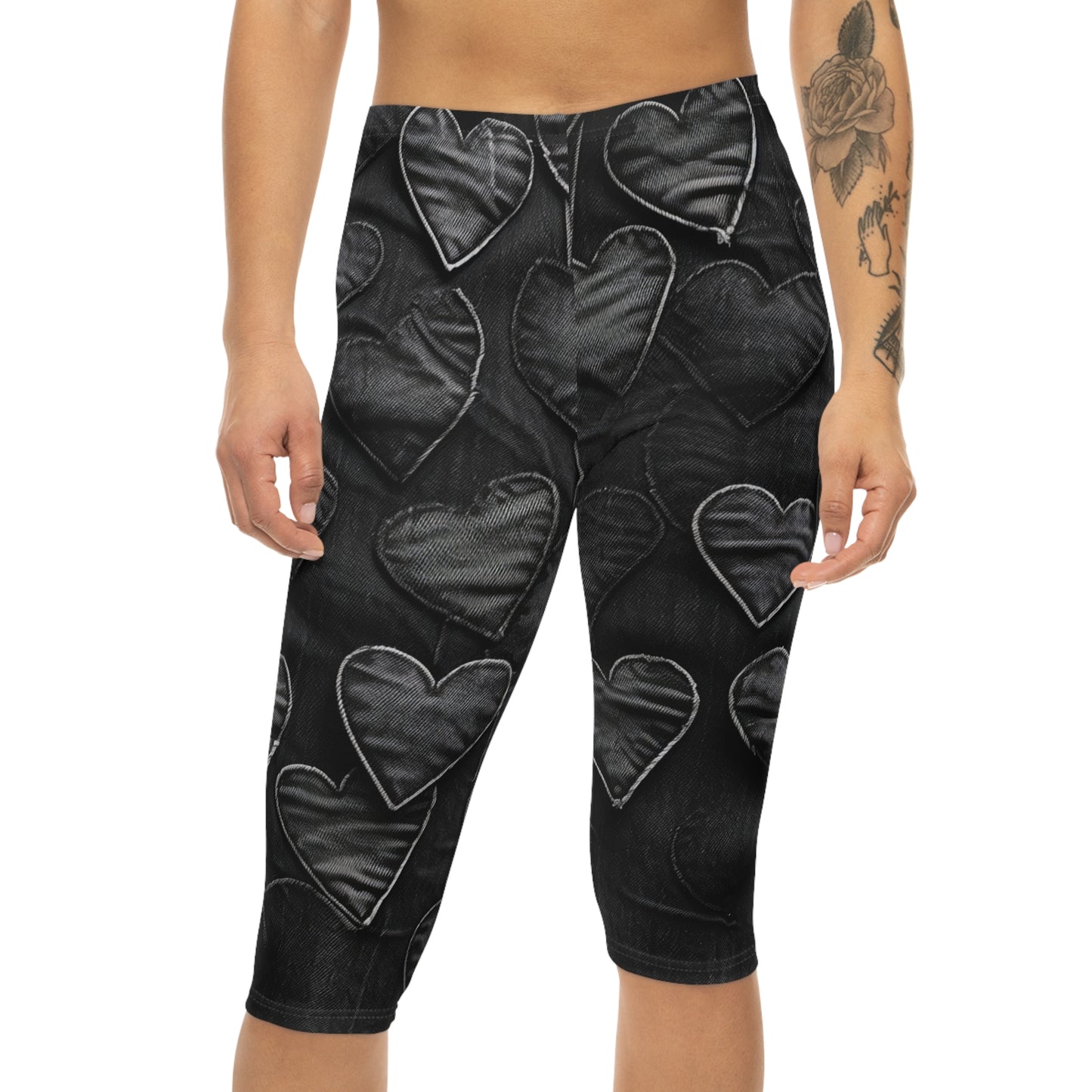 Black: Distressed Denim-Inspired Fabric Heart Embroidery Design - Women’s Capri Leggings (AOP)