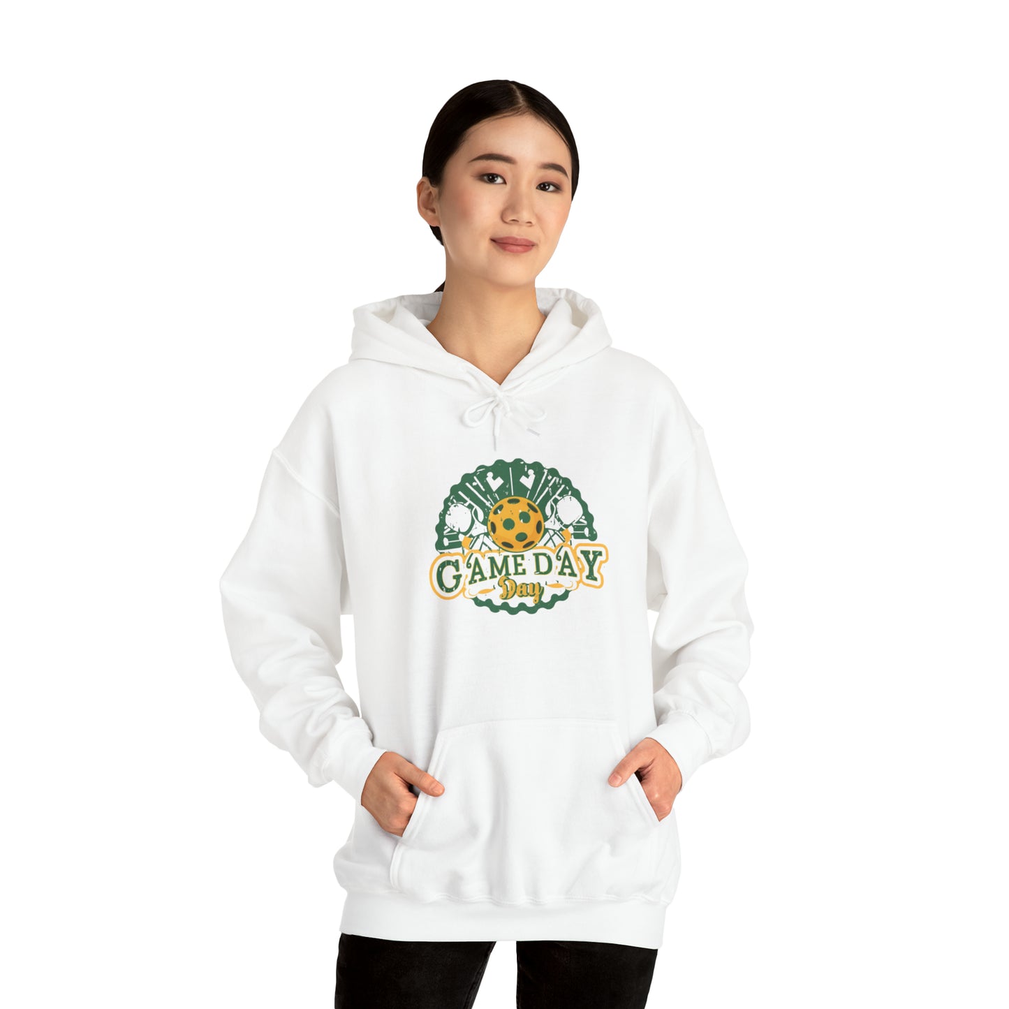 Game Day Badge with Pickleball Paddle and Ball, Grunge Texture - Unisex Heavy Blend™ Hooded Sweatshirt