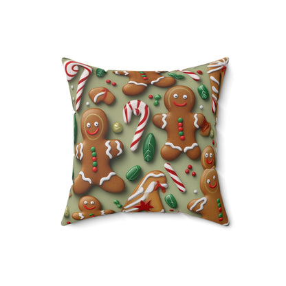 Galleta de Navidad de hombre de jengibre - Árbol - Bastón de caramelo - Almohada cuadrada de poliéster hilado