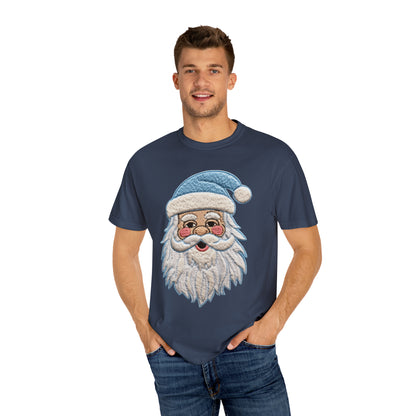 Blue Santa Chenille Patch - Chritmas Hoiday Design - Unisex Garment-Dyed T-shirt