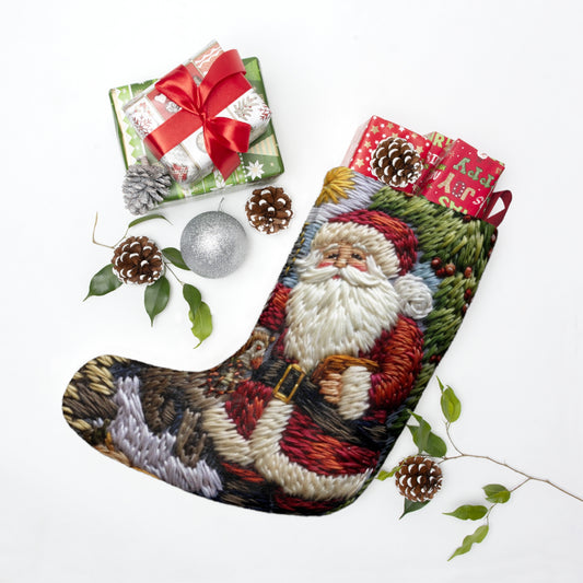 Santa Claus Pines Crochet, Festive Forest, Christmas Tree & Claus, Yuletide Landscape - Christmas Stockings