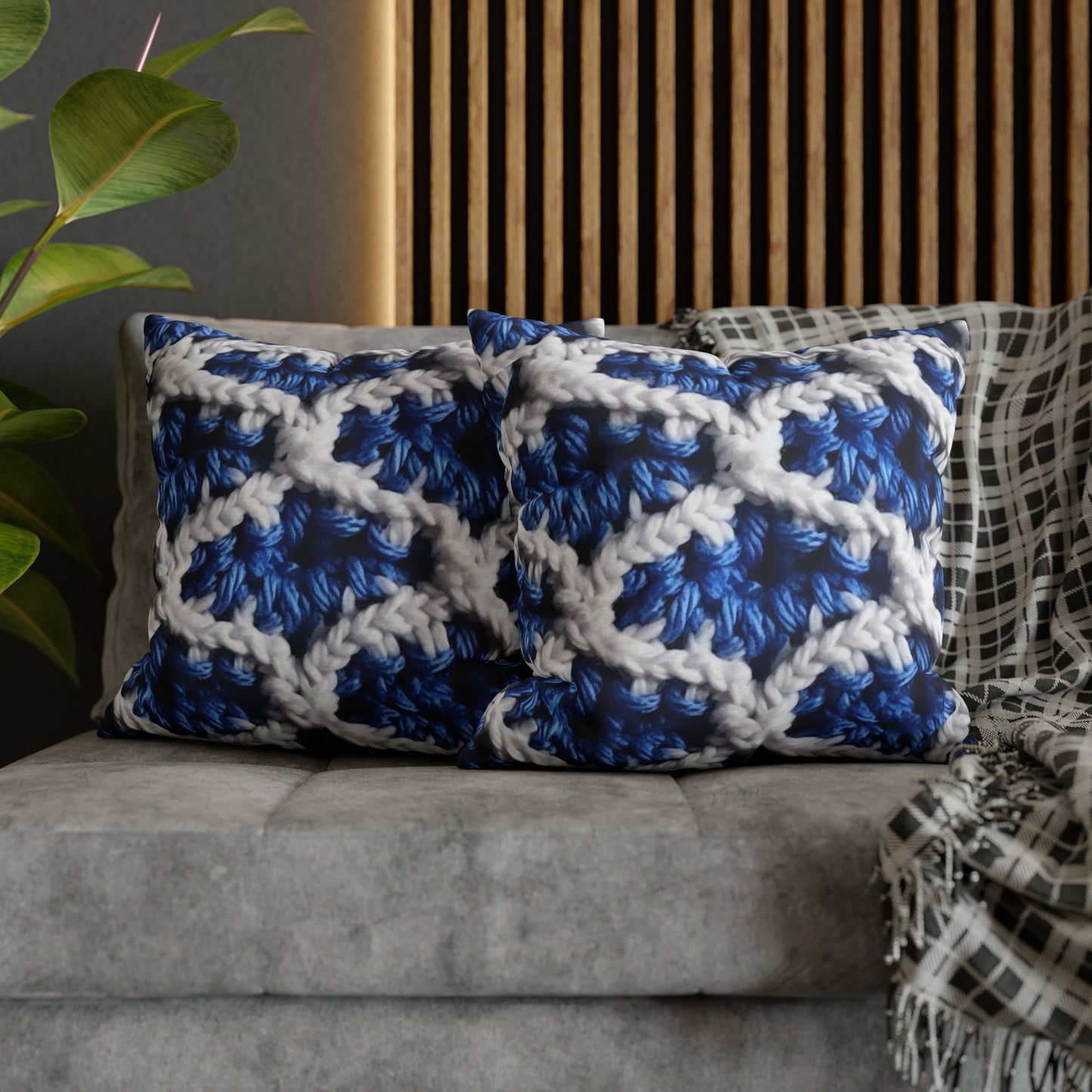 Blueberry Blue Crochet, White Accents, Classic Textured Pattern - Spun Polyester Square Pillow Case