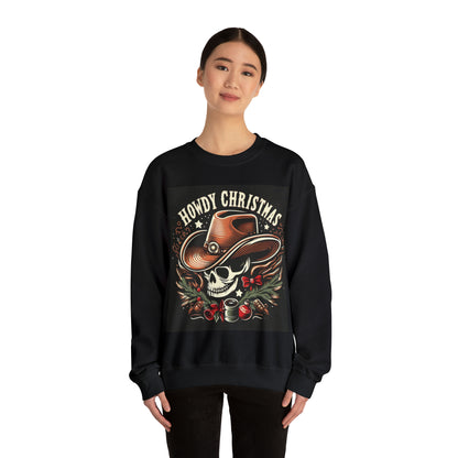 Espeluznantes vacaciones occidentales - Hola Navidad con calavera de vaquero, sombrero festivo y decoración de temporada - Sudadera unisex Heavy Blend™ con cuello redondo