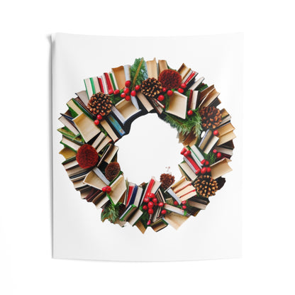 Holiday Book Wreath: Festive Literary Book Lover & Christmas Pinecone Arrangement - Indoor Wall Tapestries