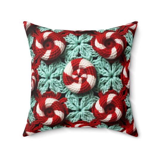 Christmas Crochet Candy Cane - Pepper Red Crystal White Holiday Pattern - Spun Polyester Square Pillow