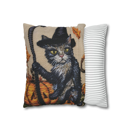 Halloween Cat Magic: Embroidered Style Feline with Pumpkins & Witch Hat - Spun Polyester Square Pillow Case