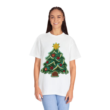 Chenille Christmas Tree: Embroidered Festive Holiday Patch - Unisex Garment-Dyed T-shirt