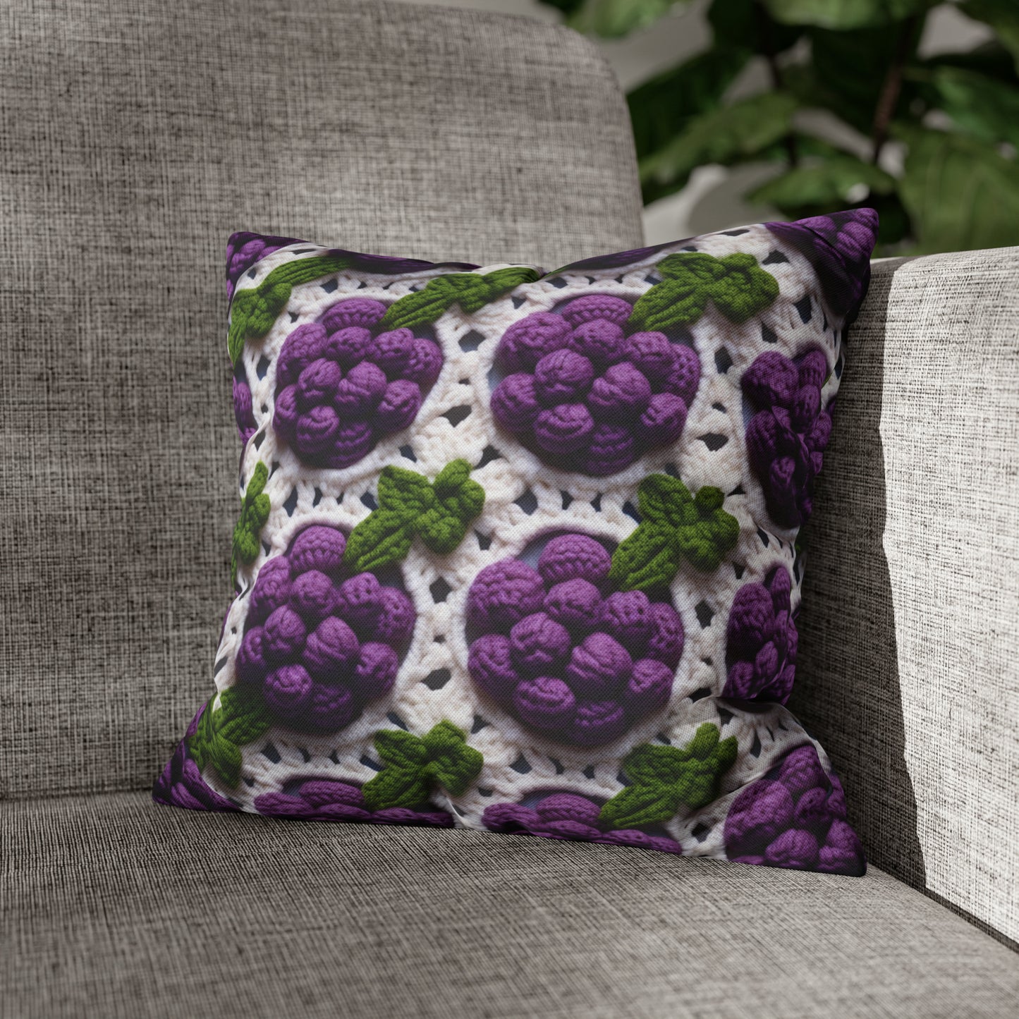 Crochet Grapes Pattern - Granny Square Design - Fresh Fruit Pick - Orchard Purple Snack Food - Spun Polyester Square Pillow Case