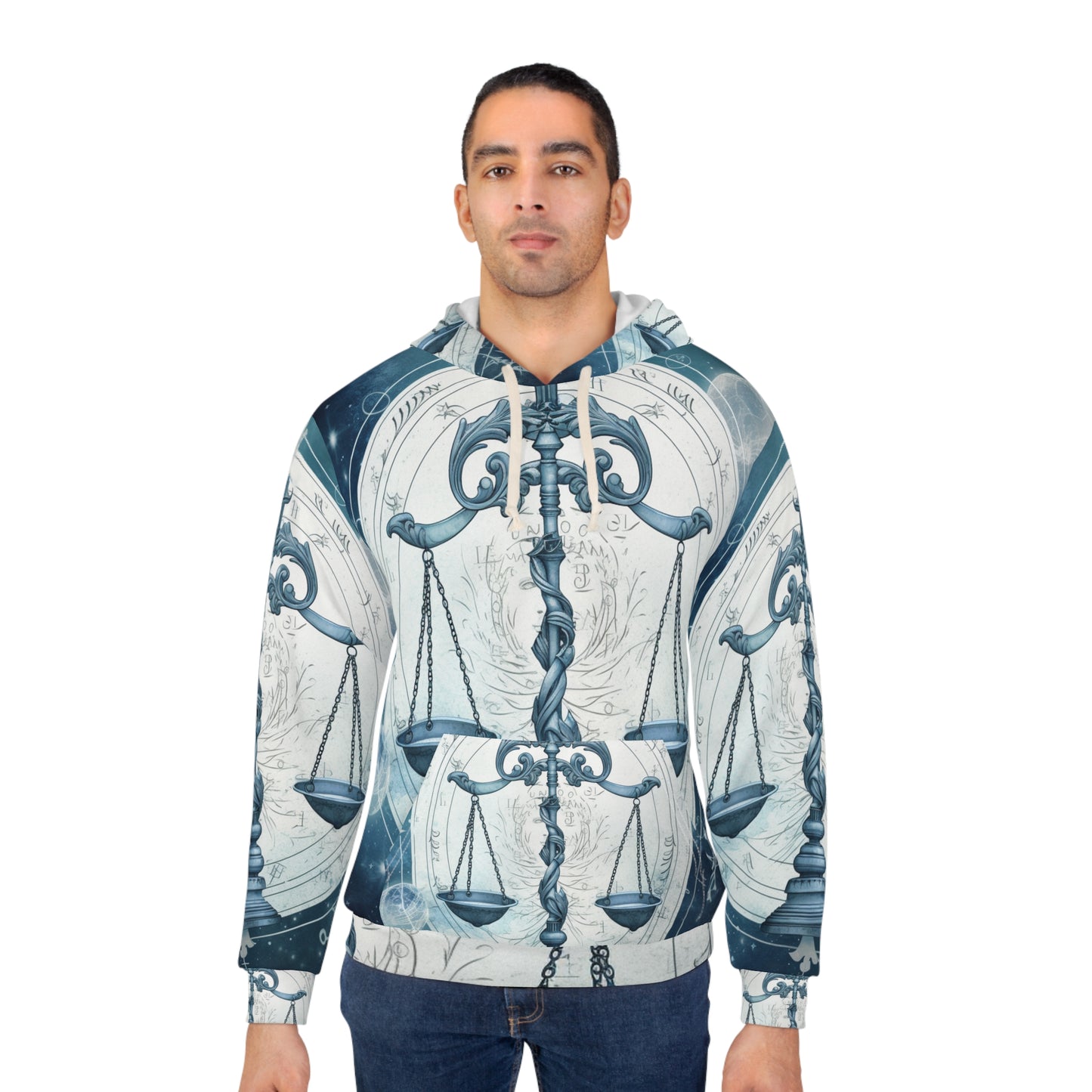 Blue Tones Libra Zodiac Cosmic Astro - Balance Scale & Symbols - Unisex Pullover Hoodie (AOP)