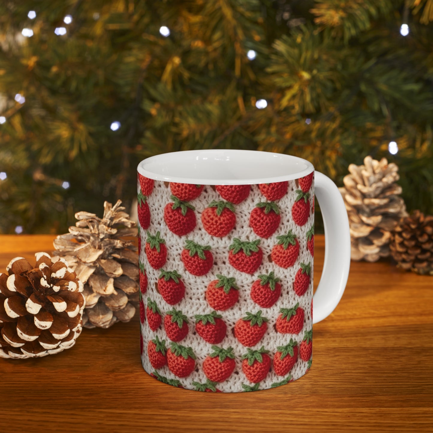 Strawberry Traditional Japanese, Crochet Craft, Fruit Design, Red Berry Pattern - Ceramic Mug 11oz