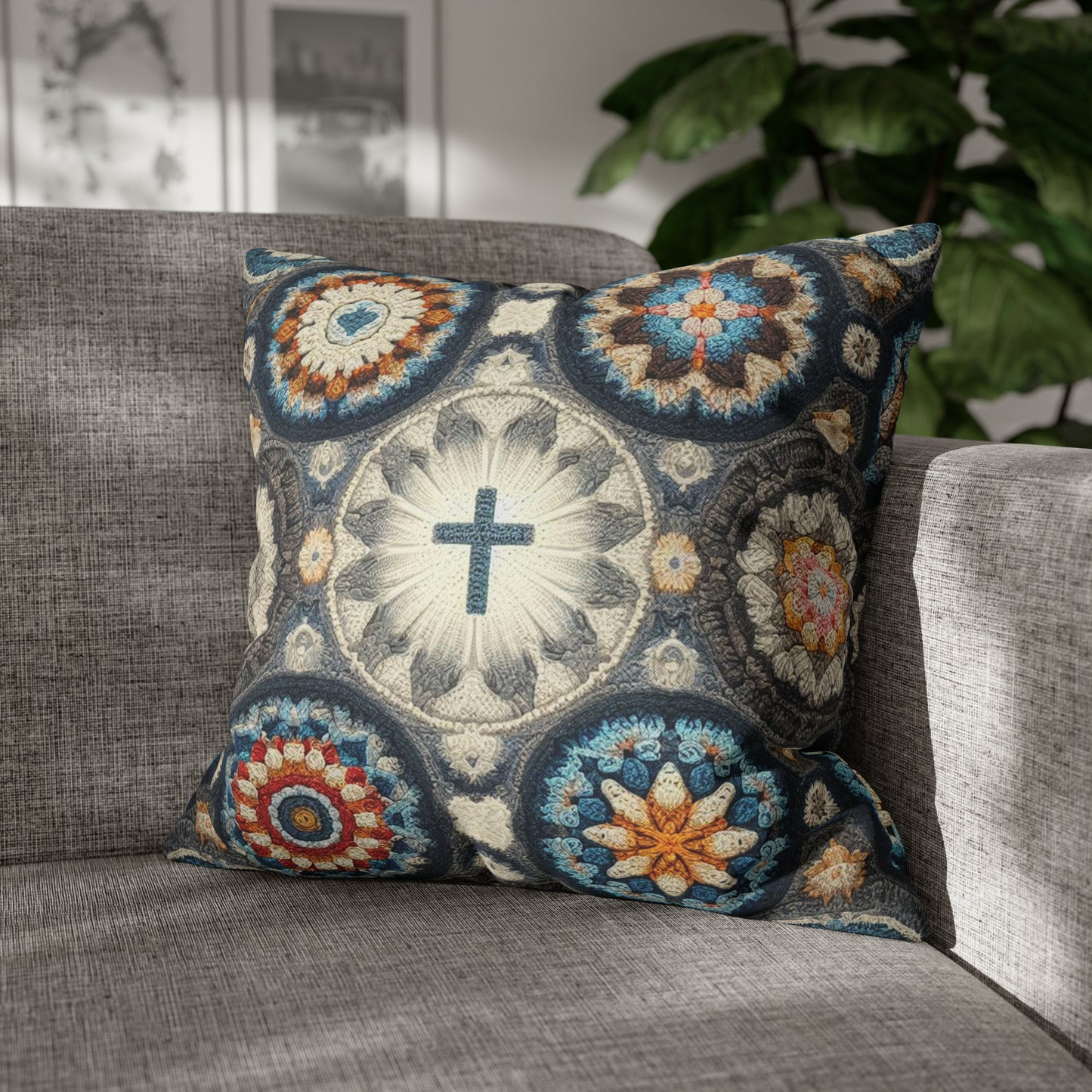 Bohemian Crochet Mandala with Centered Christian Cross - Earthy Tones Mosaic - Spun Polyester Square Pillow Case