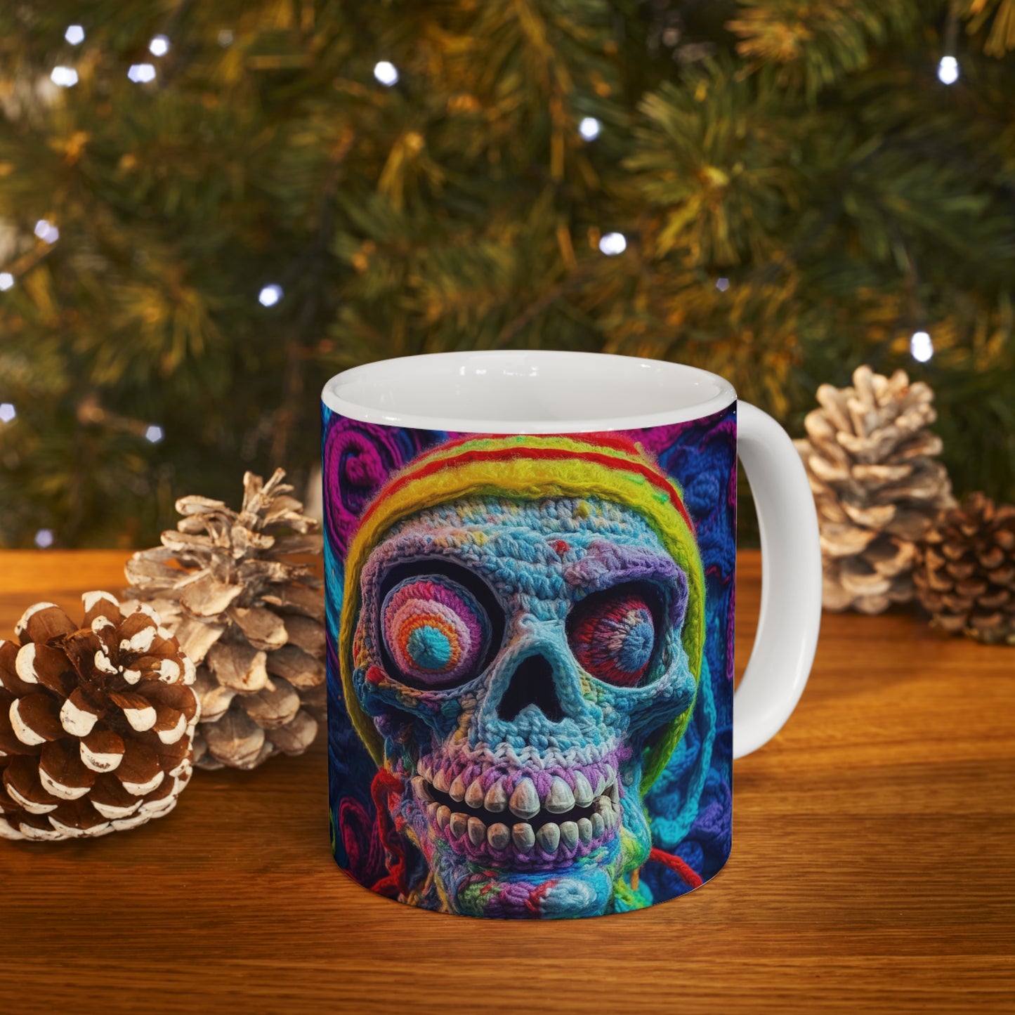 Diseño de terror aterrador de Halloween con calavera de ganchillo - Taza de cerámica 11oz 