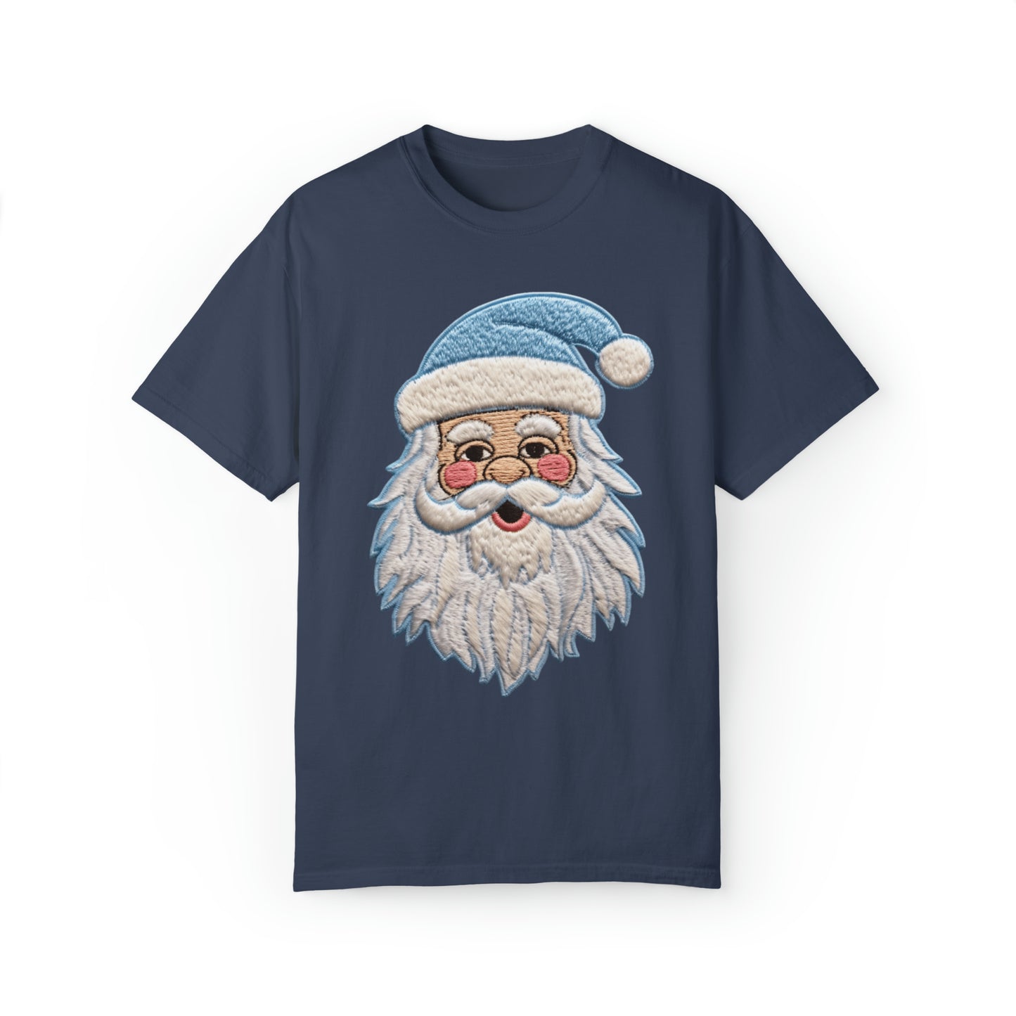 Blue Santa Chenille Patch - Chritmas Hoiday Design - Unisex Garment-Dyed T-shirt