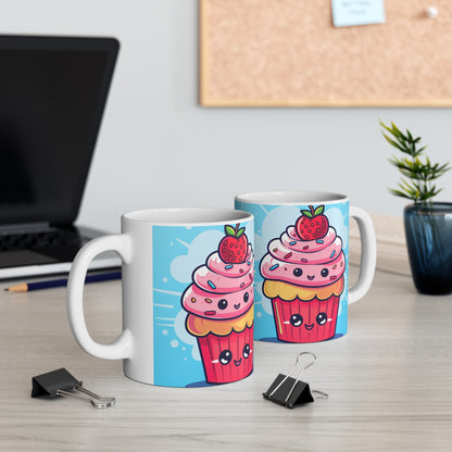 Strawberry Delight - Kawaii Cupcake Art - Sweet Anime Manga Dessert Charm - Ceramic Mug 11oz