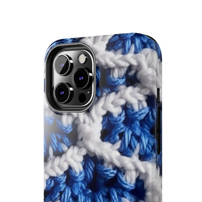 Blueberry Blue Crochet, White Accents, Classic Textured Pattern - Tough Phone Cases