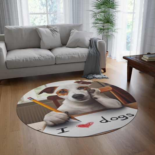 Adorable Dog Writing I Love Dogs, Cute Pet with Pencil Illustration, Animal Lover Artwork, Playful Canine - Round Rug