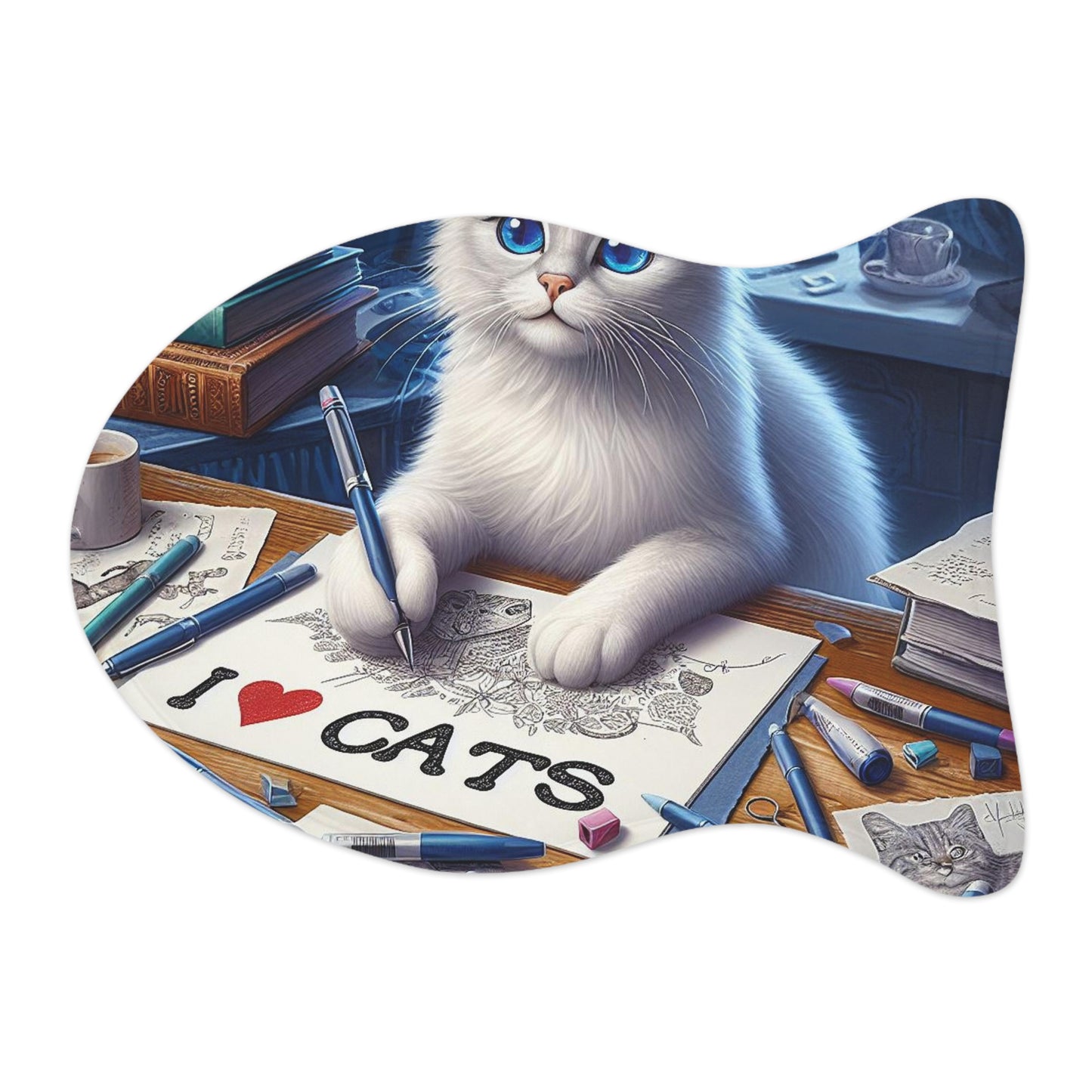 Artistic White Cat Drawing I Love Cats, Creative Feline Illustration, Cat Lover Dream - Pet Feeding Mats