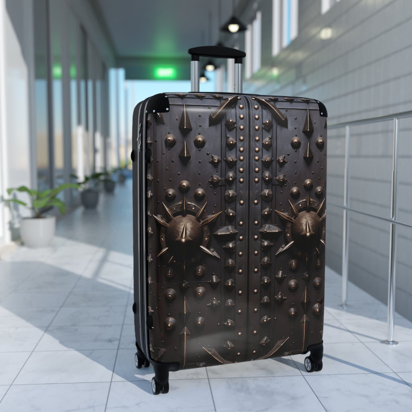 Gothic Medieval Door Design: Dark Wood with Brass Spikes - Suitcase