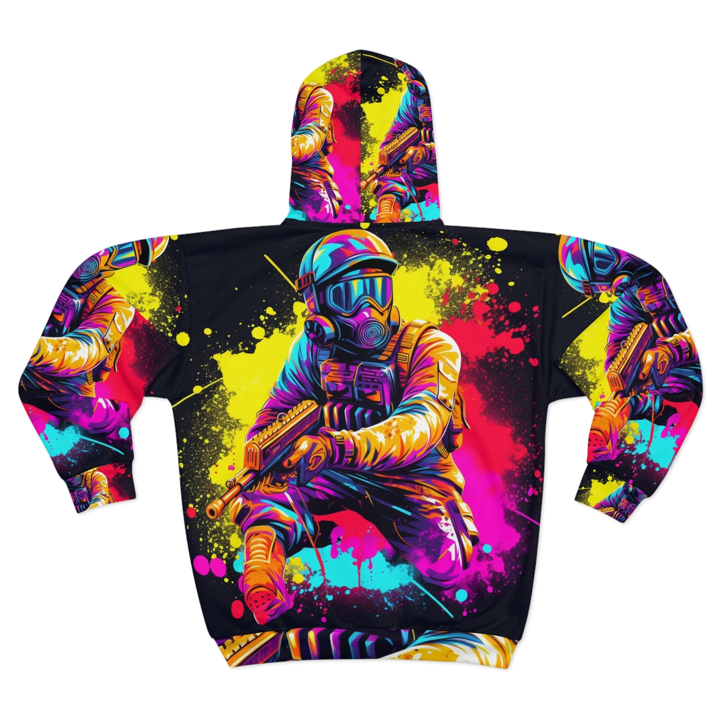 Deporte de acción de paintball: jugador en batalla, salpicaduras de pintura - Sudadera con capucha unisex con cremallera (AOP) 