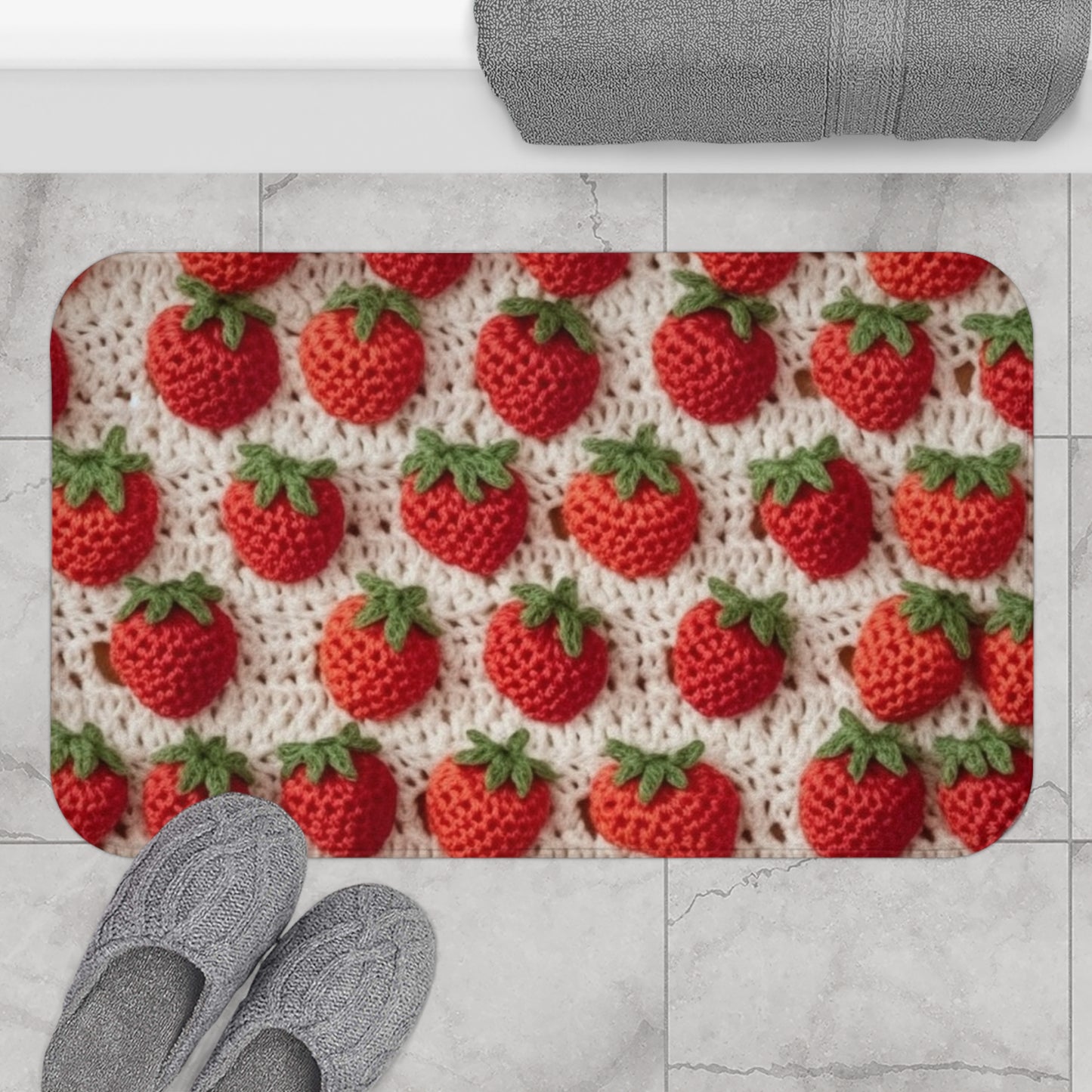 Fresa japonesa tradicional, artesanía de ganchillo, diseño de frutas, patrón de frutos rojos - Alfombra de baño