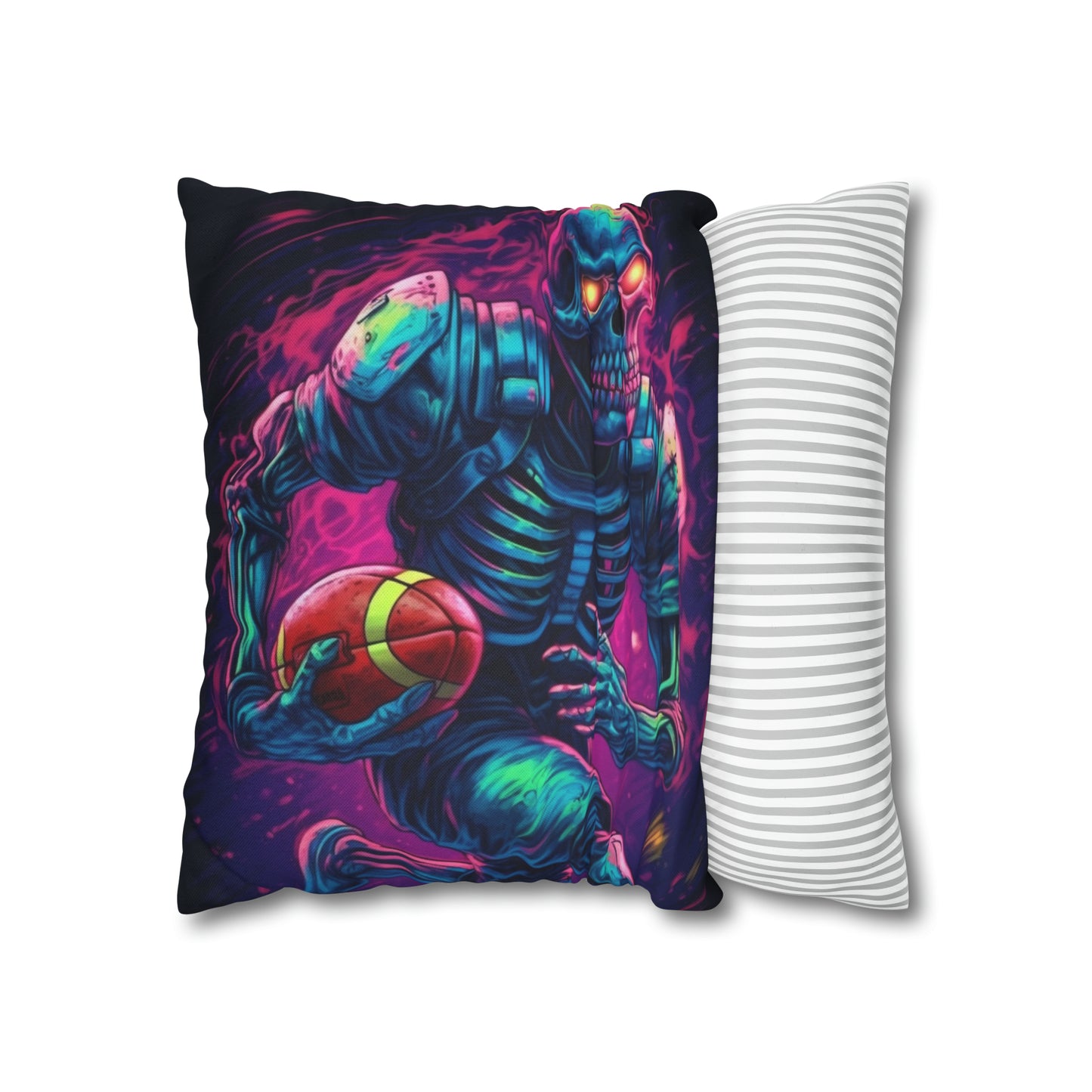 Spooky Football Game: Fantasy Skeleton Athlete Running with Ball, Sporty Halloween - Spun Polyester Square Pillow Case