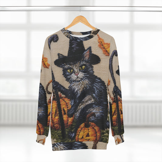 Magia de gato de Halloween: felino estilo bordado con calabazas y sombrero de bruja - Sudadera unisex (AOP) 