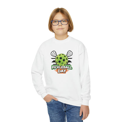 Dynamic Pickleball Day Design with Crossed Paddles and Ball Graphic - Youth Crewneck Sweatshirt