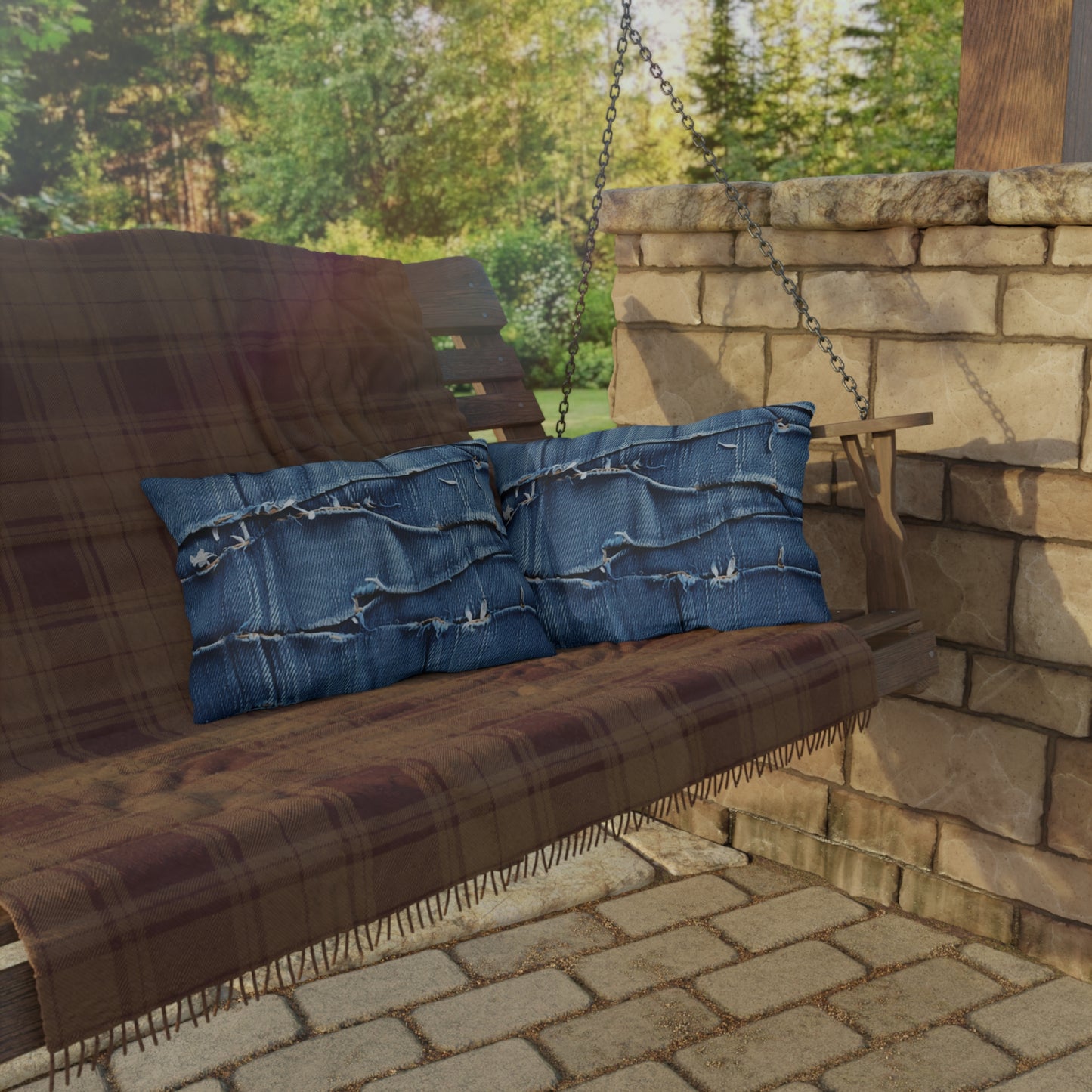 Midnight Blue Distressed Denim: Rugged, Torn & Stylish Design - Outdoor Pillows