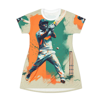 Cricket Batsman, Ball Strike, Indian Flag Color Background - Street Style - T-Shirt Dress (AOP)