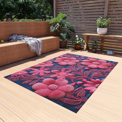 Denim Blue Doll Pink Floral Embroidery Style Fabric Flowers - Outdoor Rug