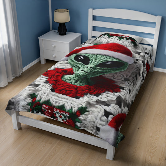Santa's Cosmic Secret: Jolly Green Christmas Extraterrestrial with Festive Attire Crochet Art - Velveteen Plush Blanket