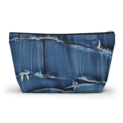 Midnight Blue Distressed Denim: Rugged, Torn & Stylish Design - Accessory Pouch w T-bottom