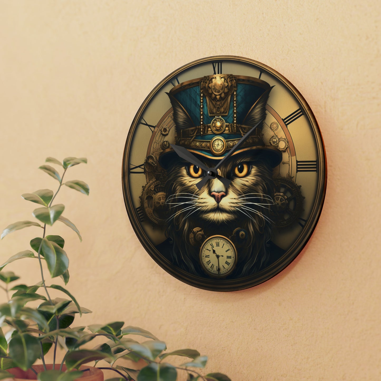 Diseño de reloj de gato Steampunk, reloj de pared acrílico 