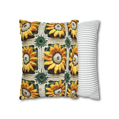 Sunflower Crochet Elegance, Granny Square Design, Radiant Floral Motif. Bring the Warmth of Sunflowers to Your Space - Spun Polyester Square Pillow Case