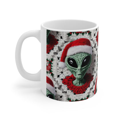 Santa's Cosmic Secret: Jolly Green Christmas Extraterrestrial with Festive Attire Crochet Art - Ceramic Mug 11oz