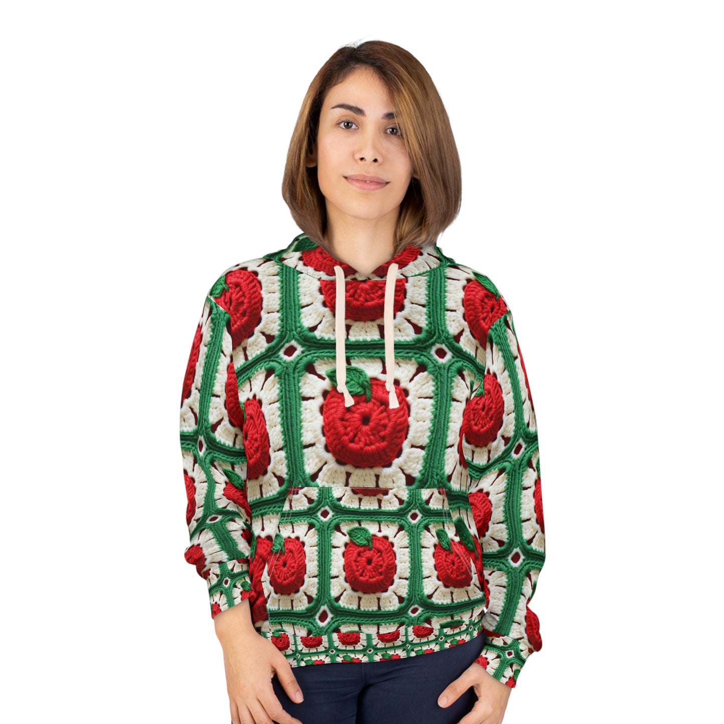 Apple Granny Square Crochet Pattern: Wild Fruit Tree, Delicious Red Design - Unisex Pullover Hoodie (AOP)