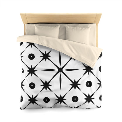 Mid Century Modern Asterisk Design - White & Black Atomic Starburst - Microfiber Duvet Cover