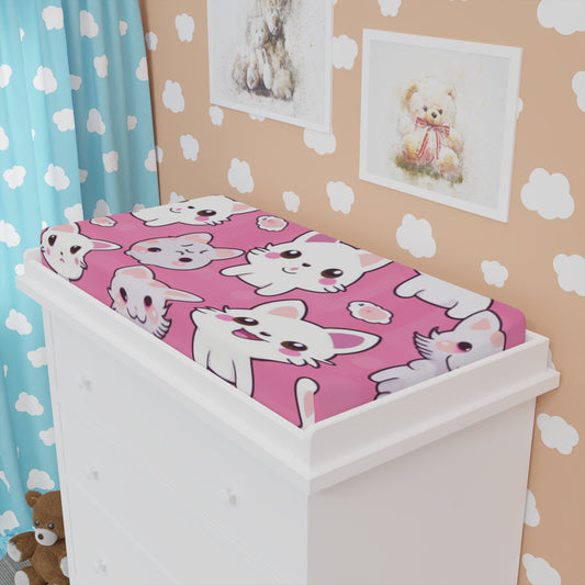 Adorable Cartoon-Style Anime Kitten, Cat, Kitty Pattern - Cute and Colorful - Baby Changing Pad Cover