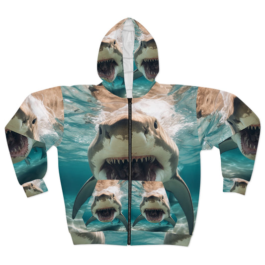 Bull Shark: River Monster Menace - Realistic Dark Water Predator - Unisex Zip Hoodie (AOP)